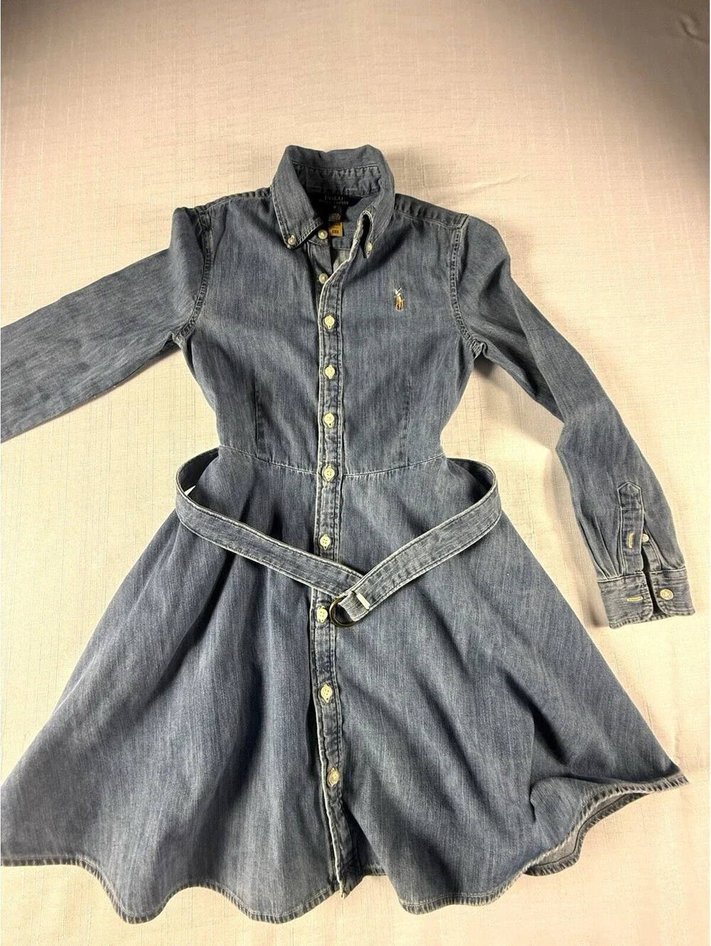 Polo Ralph Lauren Girls Denim Shirt Dress Belted Blue  Pony Logo  Size 10